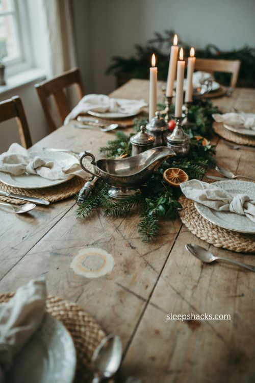Patina silver serveware and greenery on a French country Christmas table 