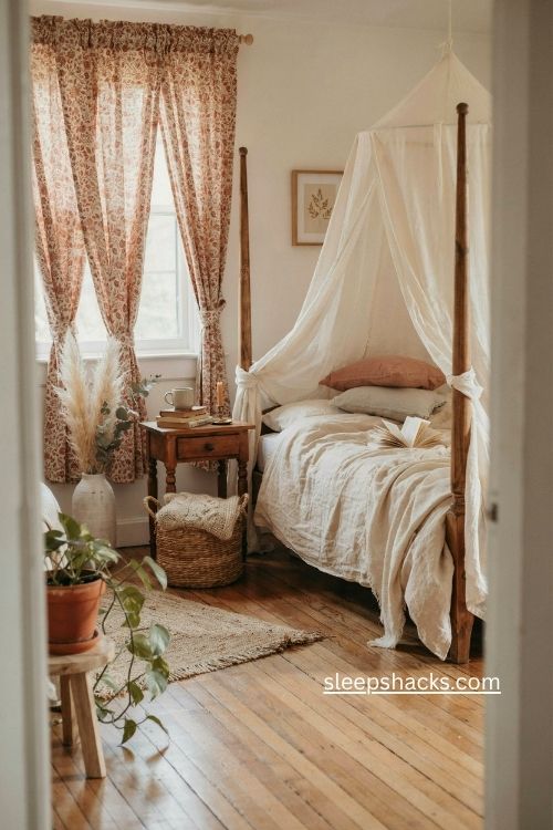 Patterned curtains and sheer canopy for a dreamy boho bedroom