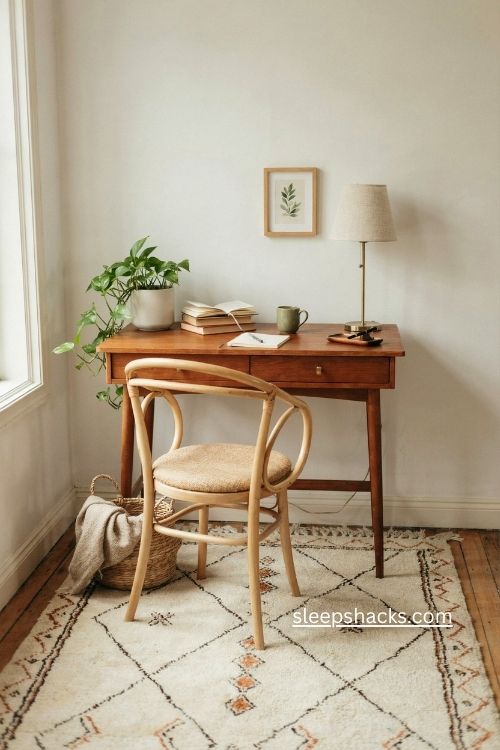 Patterned rug boho office decor with warm wood and cozy natural textures 