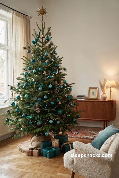 Peacock teal christmas tree with brass bells vintage ornaments and feather accents