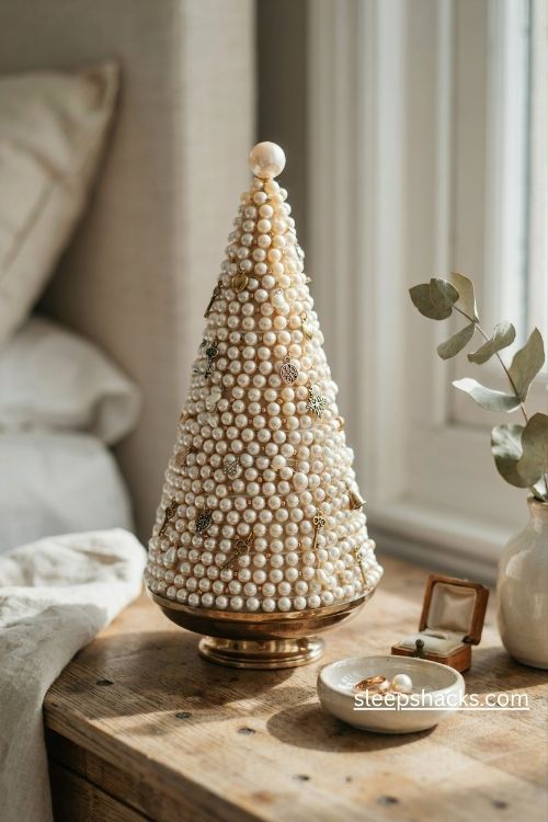 Pearl and gold mini christmas tree with ivory beads vintage charms and an elegant gold dish