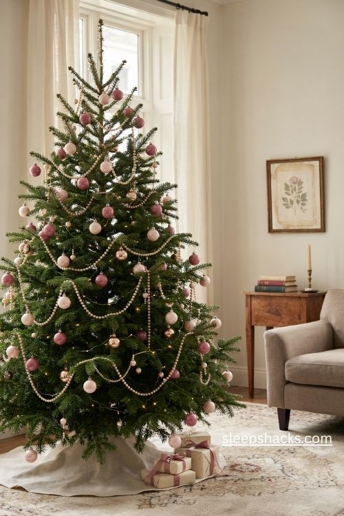 Pearl garlands and pink baubles on a vintage style christmas tree