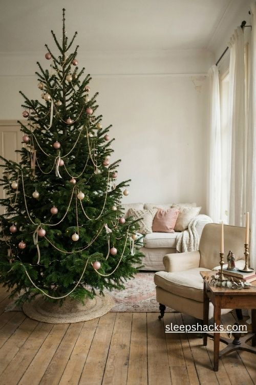 Pearl strand christmas tree with blush pink baubles and soft ivory vintage elegance
