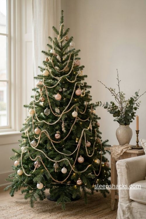 Pearl strand garland draped across a full christmas tree with blush and ivory vintage ornaments