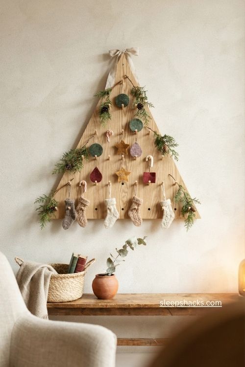 Pegboard christmas tree with handmade ornaments and rustic wood decor 