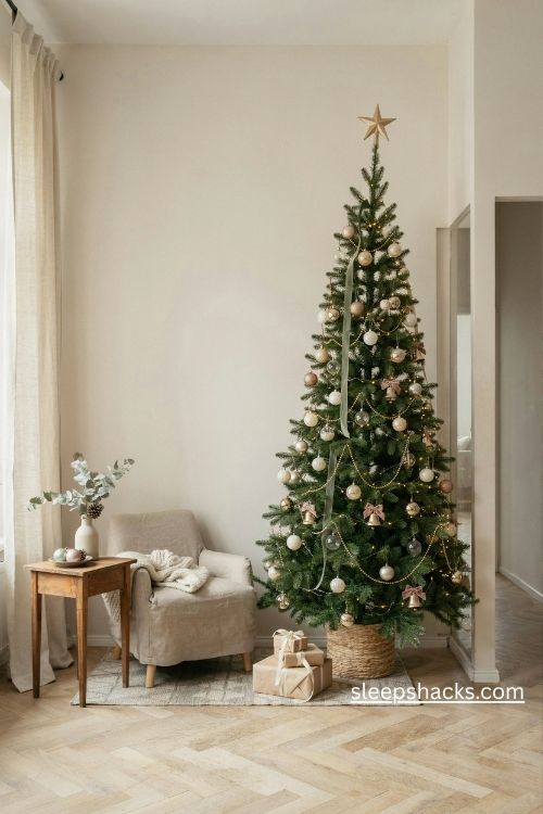 Pencil christmas tree decorating ideas for small spaces with elegant miniature ornaments and warm lights