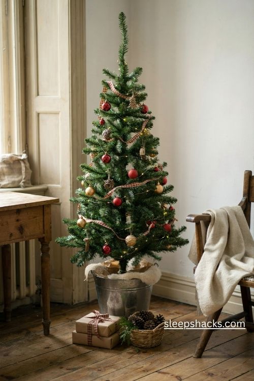 Pencil christmas tree in a galvanized bucket with rustic farmhouse ornaments and plaid ribbon