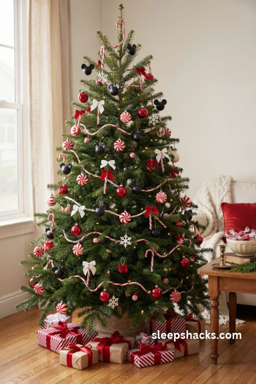 Peppermint and candy cane mickey mouse christmas tree with red and white ornaments