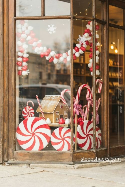 Peppermint christmas storefront display with oversized candy swirls candy canes pink gumdrop garlands and gingerbread house
