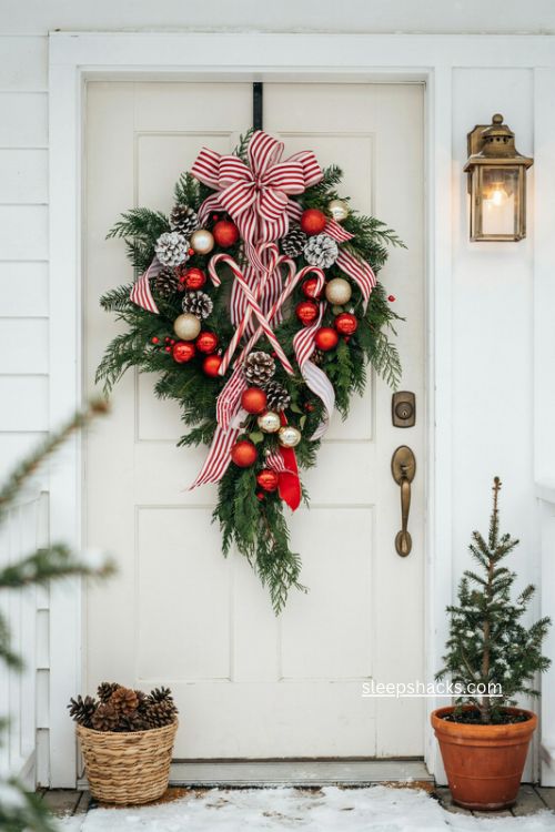 Peppermint maximalist Christmas door hanger with candy canes bows and pinecones