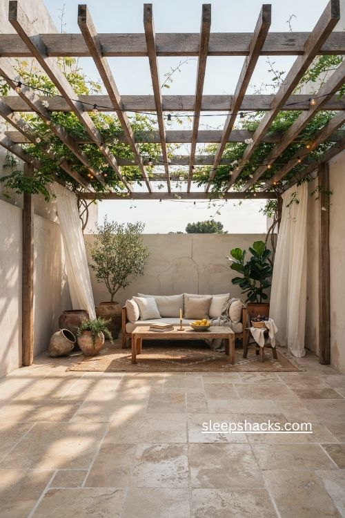 Pergola enclosed patio ideas with climbing vines curtains and partial shade