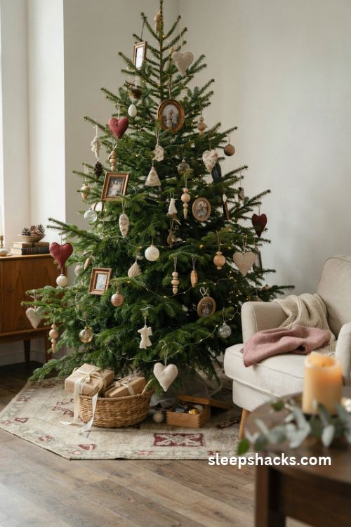 Personal christmas tree with handmade ornaments miniature photo frames and family keepsakes