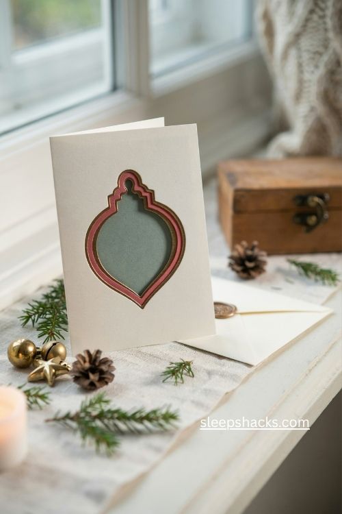 Personal ornament die cut Christmas card with keepsake family design
