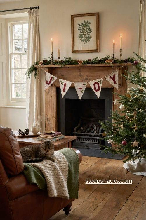 Personalized Christmas joy bunting with holly and berries above a rustic fireplace