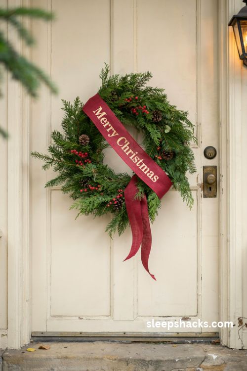 Personalized Christmas wreath sash with merry Christmas message ribbon on a traditional front door