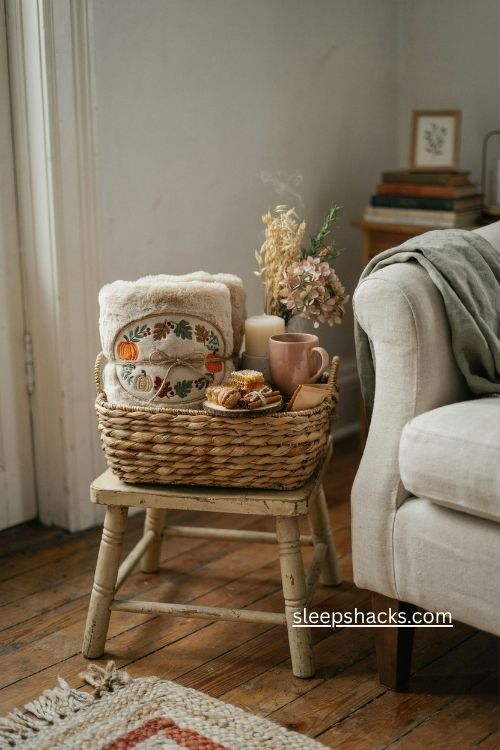 Personalized fall blanket gift basket with mug and tea cozy autumn decor