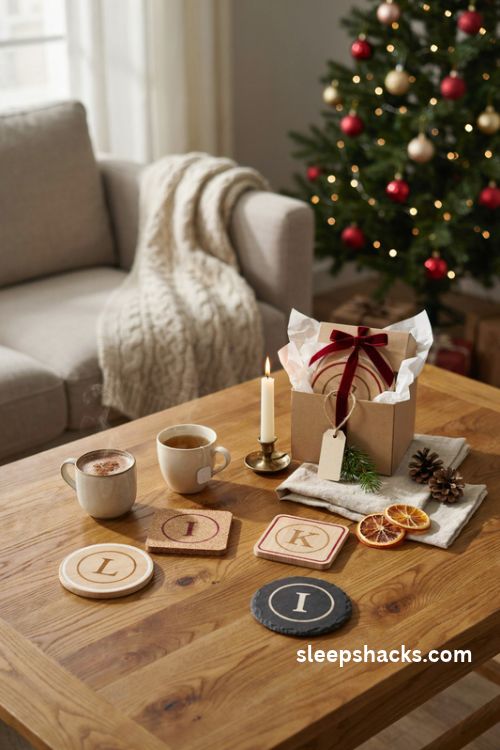 Personalized monogrammed Christmas coasters with gold initials and festive gift wrapping