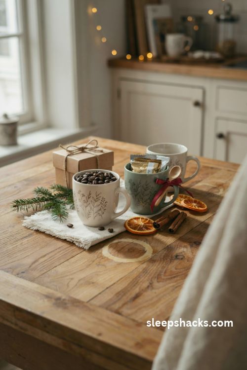 Personalized mug set Christmas present idea with ceramic coffee cups gourmet tea hot chocolate wooden spoons and festive gift wrapping