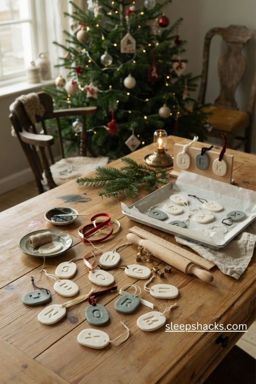 Personalized polymer clay christmas name ornaments with stamped letters and rustic ribbon