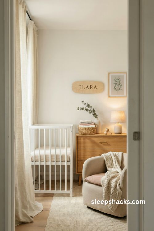 Personalized wooden name sign in a baby girl nursery with blush pink and natural wood decor