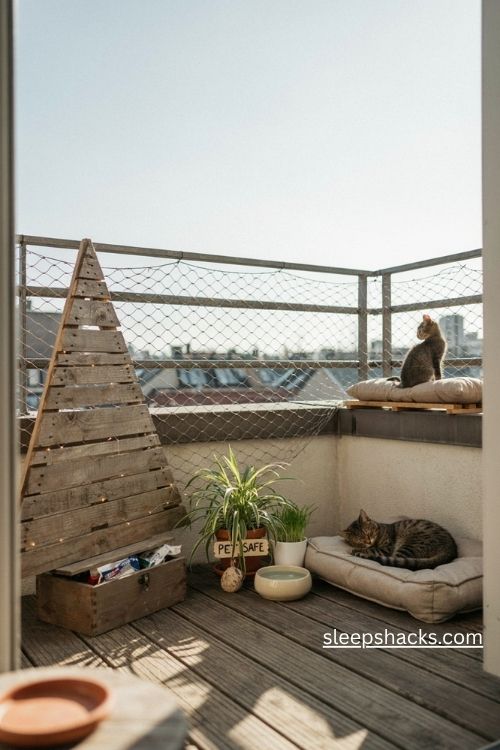 Pet friendly flat balcony ideas with a cozy pet bed safe plants and secure railing netting