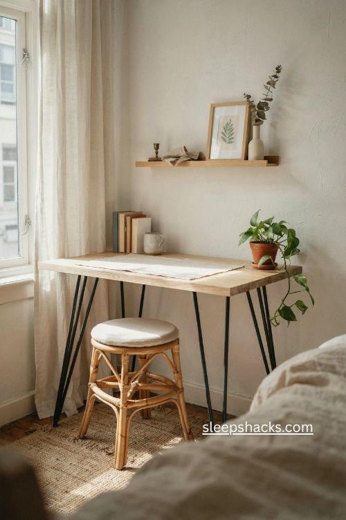 Petite desk boho office decor for a small bright workspace corner 