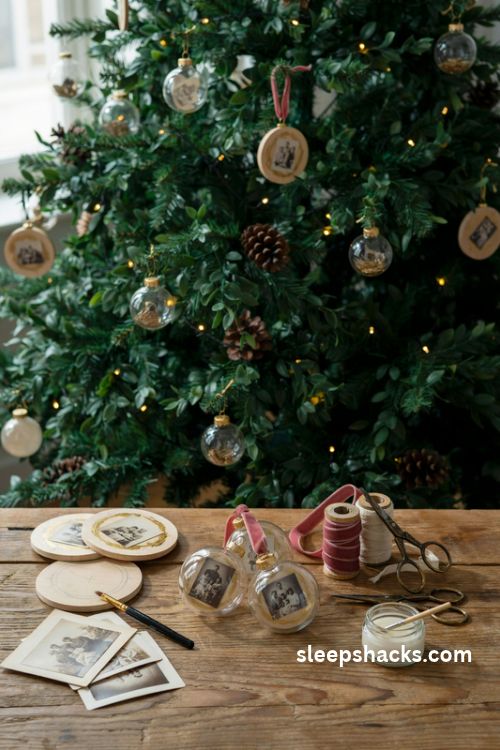 Photo heirloom christmas ornaments with vintage family pictures and handmade wooden keepsakes