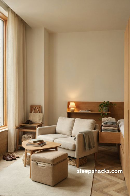 Pick furniture that hides storage in a cozy studio apartment with a storage ottoman, bed drawers, and a wooden coffee table