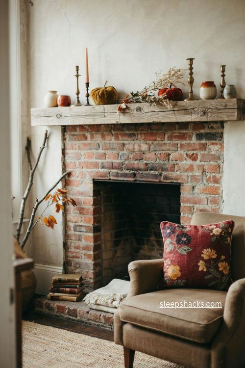 Pillow inspired fall fireplace mantel decor with burgundy olive and golden accents 