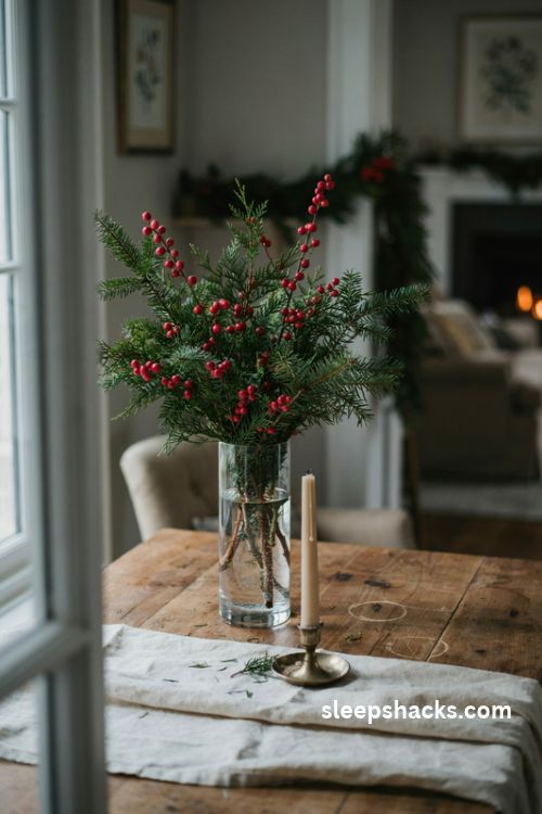 Pine and red berry Christmas arrangement in a clear glass vase