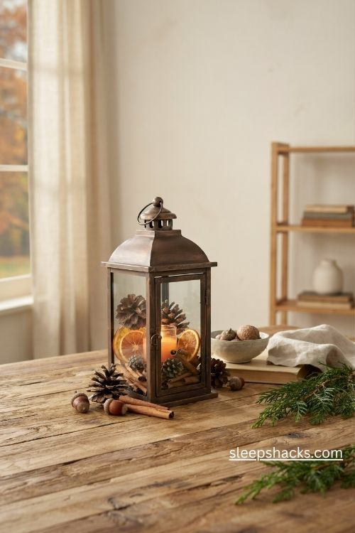 Pinecone and acorn lantern decor with cinnamon sticks and dried orange slices 