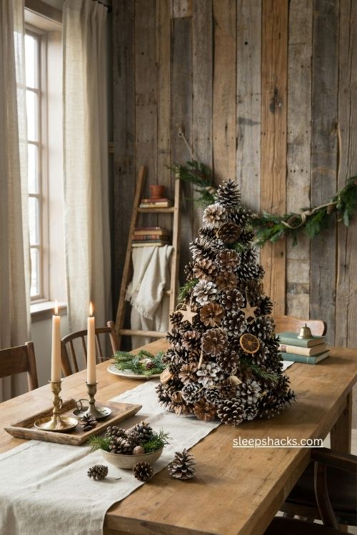 Pinecone christmas tree with snowy tips candles and evergreen accents on a rustic dining table 