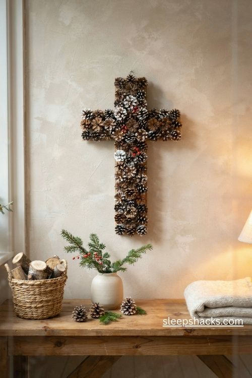 Pinecone cross christmas tree with snowy white tips and rustic woodland farmhouse decor