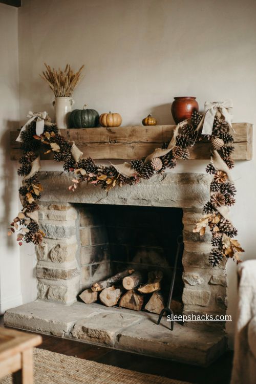 Pinecone garland fall fireplace mantel decor with burlap ribbon 