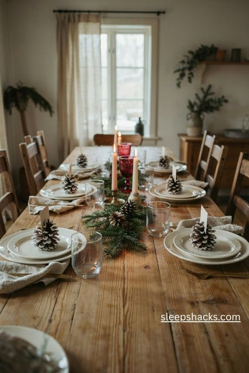 Pinecone place card holders on white plates for a rustic christmas table setting
