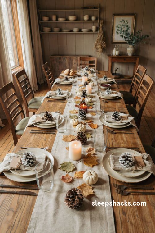 Pinecone place settings with frosted tips and twine name tags for rustic Thanksgiving table decor