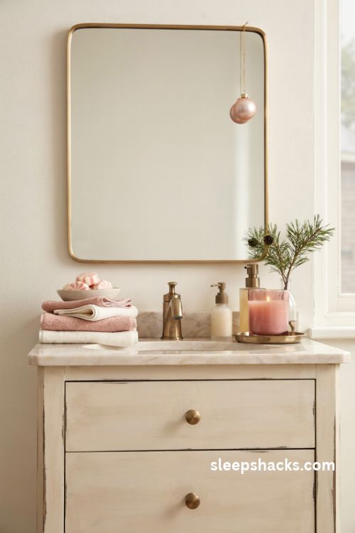 Pink Christmas bathroom decor with blush hand towels peppermint soaps a rosy candle and pine sprig