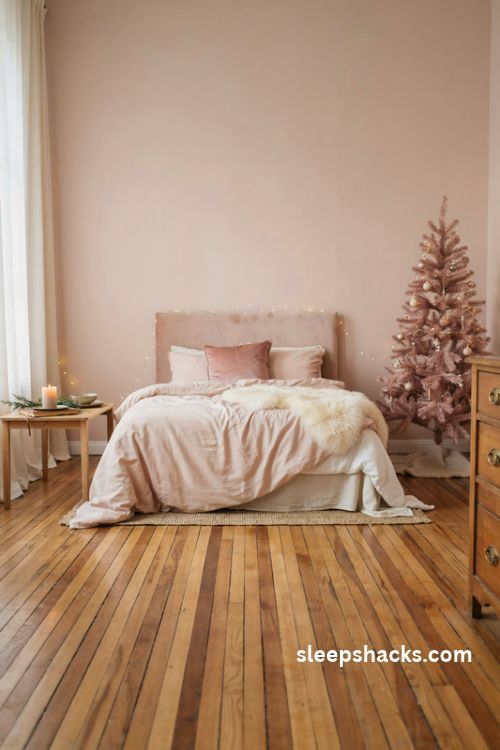 Pink Christmas bedroom retreat with blush bedding a mini pink tree velvet pillows and warm fairy lights