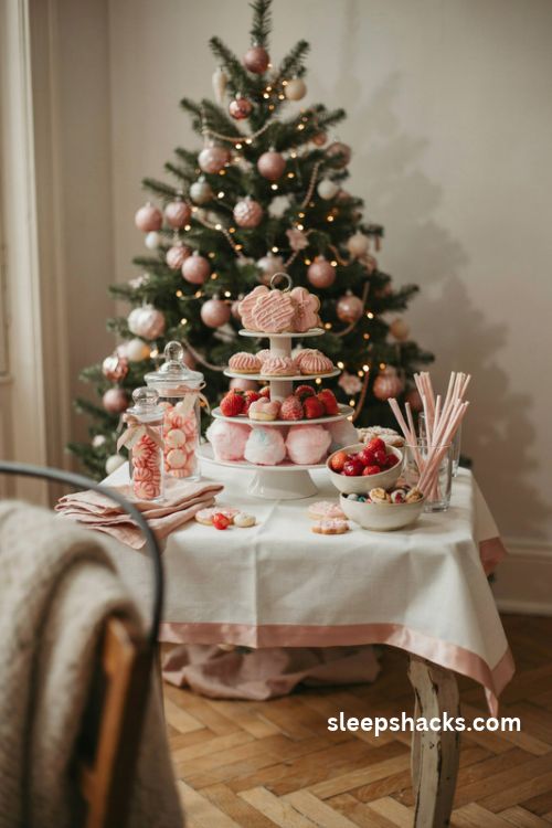 Pink Christmas cookie and candy station with frosted treats glass peppermint jars and pastel decorations