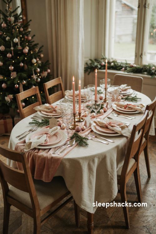 Pink Christmas dinner table with blush satin napkins velvet runner brass candle holders and pine sprigs