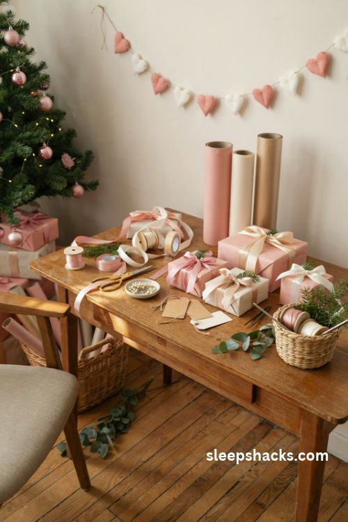 Pink Christmas gift wrapping station with satin ribbons gold paper handmade heart garland and wrapped presents