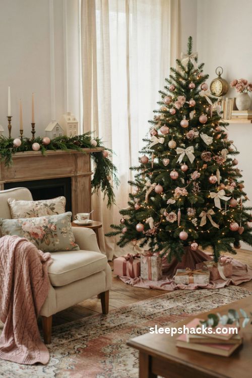Pink Christmas house with blush pink ornaments velvet ribbons and cozy elegant holiday living room decor