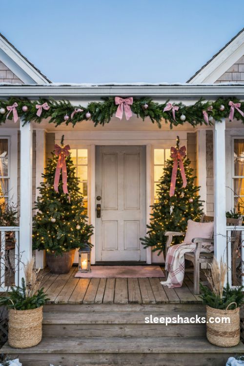 Pink Christmas porch with light wrapped evergreens blush bows glowing lanterns and a cozy cottage bench