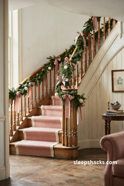 Pink Christmas staircase with blush satin bows pine garland white ornaments and warm fairy lights