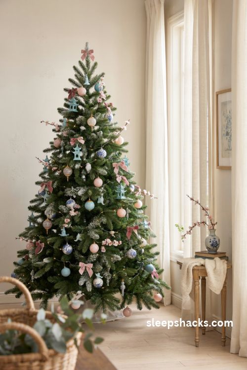 Pink and blue chinoiserie christmas tree with blush velvet bows pale blue porcelain ornaments and cherry blossoms
