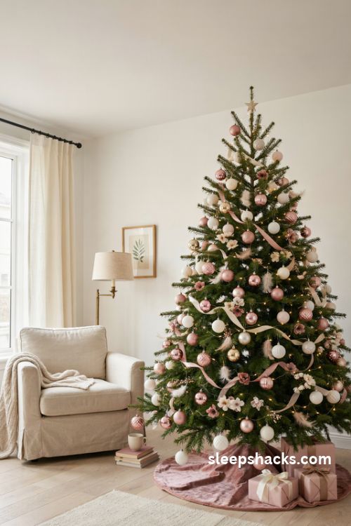 Pink and blush Christmas tree with rose gold ornaments satin ribbons and soft floral accents
