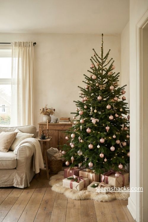 Pink and champagne christmas tree with a plush gold tree skirt and beautifully wrapped gifts