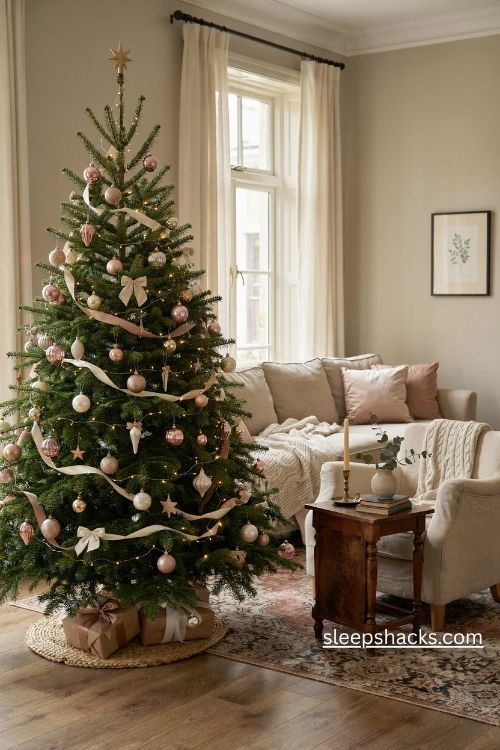 Pink and champagne christmas tree with blush ornaments and elegant gold accents