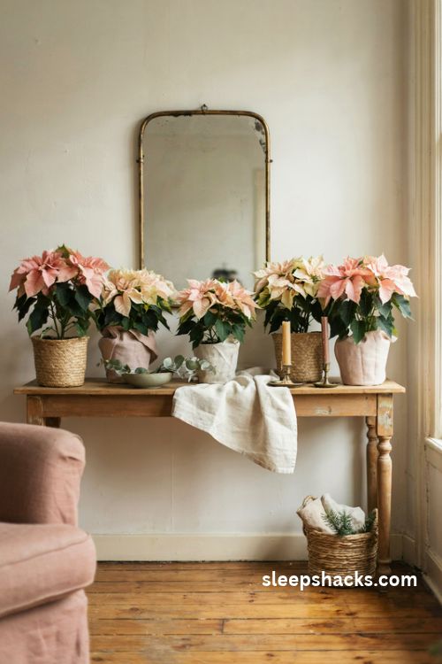 Pink and cream Christmas poinsettias on a vintage console table with woven baskets and soft natural light