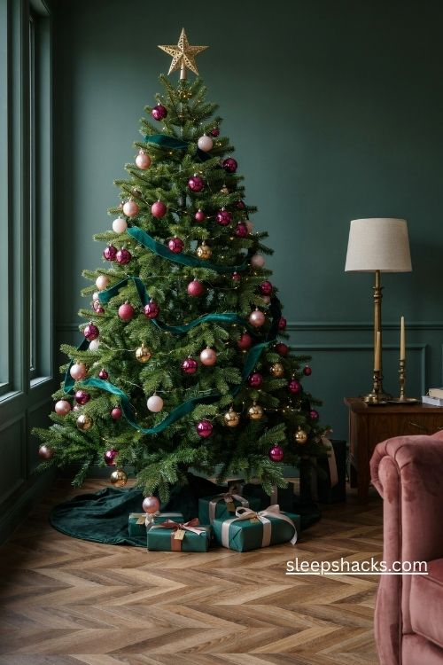 Pink and emerald green christmas tree decorations with velvet ribbon and gold ornaments